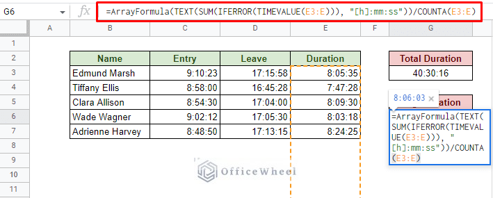 dividing the sum of duration with total number of values to calculate the average with counta
